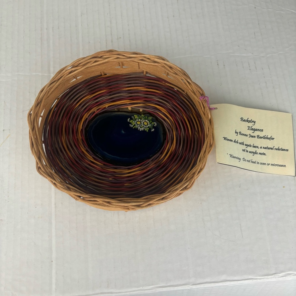 Basketry Elegance-handcrafted multi-colored small tray with agate center-NWT
